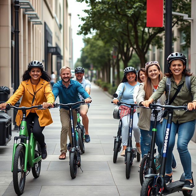 Diverse group od People riding electric bikes, electric stand up scooters on the sidewalk 