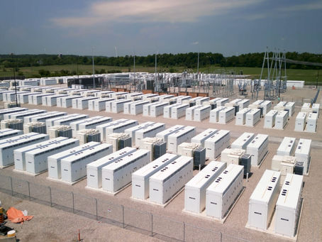 Battery energy storage system (BESS) containers at a grid-scale energy storage site in Japan