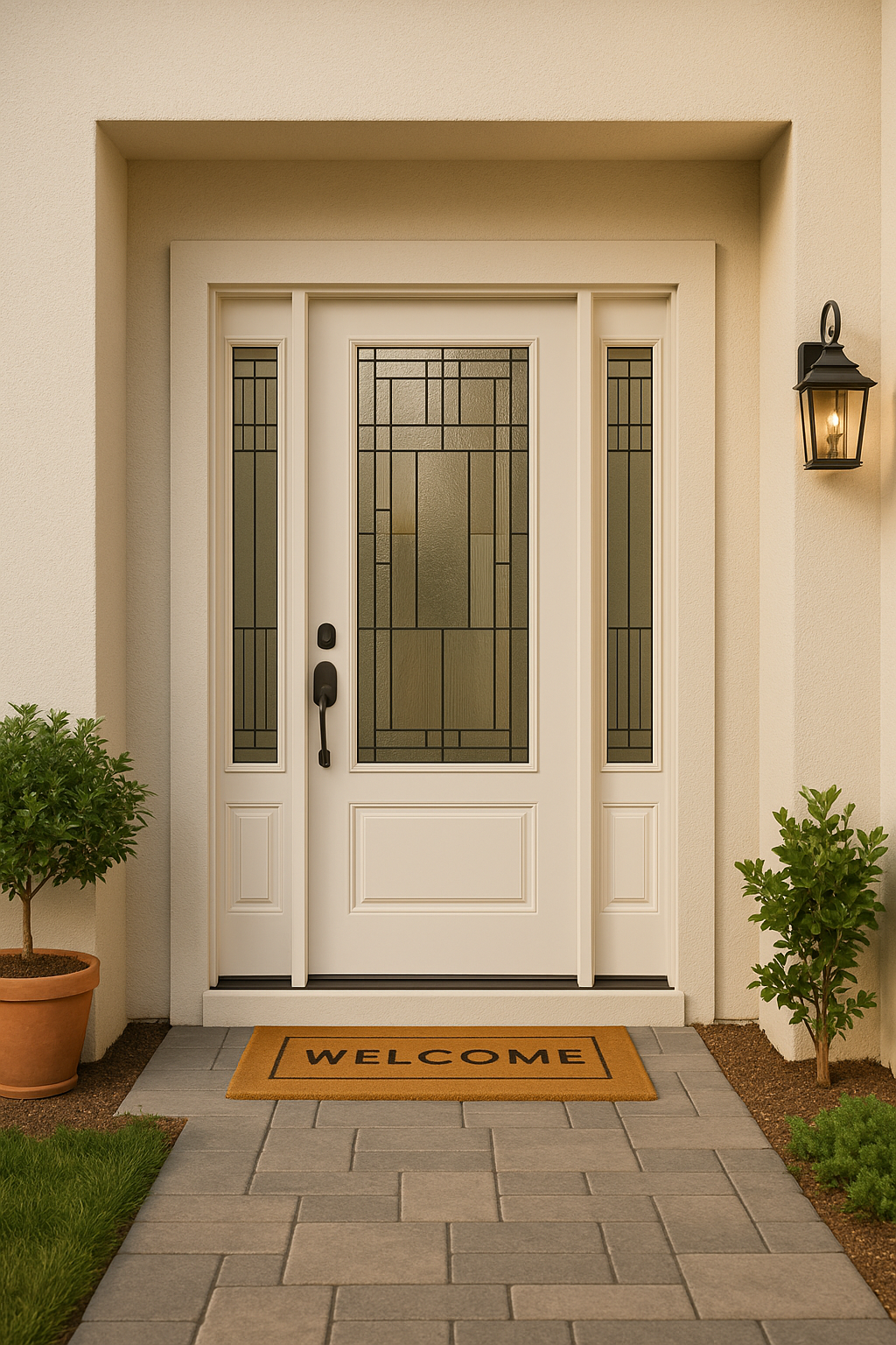 Decorative 3/4 Lite Prairie Style Fiberglass Prehung Door Unit with Sidelites