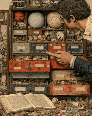 editorial illustration about the private conversation before a hard talk, a surreal cabinet of curiosities filled with labeled-but-wordless compartments containing symbolic objects for anger, fear, pride, rehearsal, certainty, and intention, a non-gendered hand opening drawers and sorting the contents, highly imaginative, no overt masculine or feminine coding, detailed mixed-media collage style, palette of walnut brown, peacock blue, rust, pale turquoise, ivory, and brass, intelligent and visually rich, no text, no typography, no letters, no captions