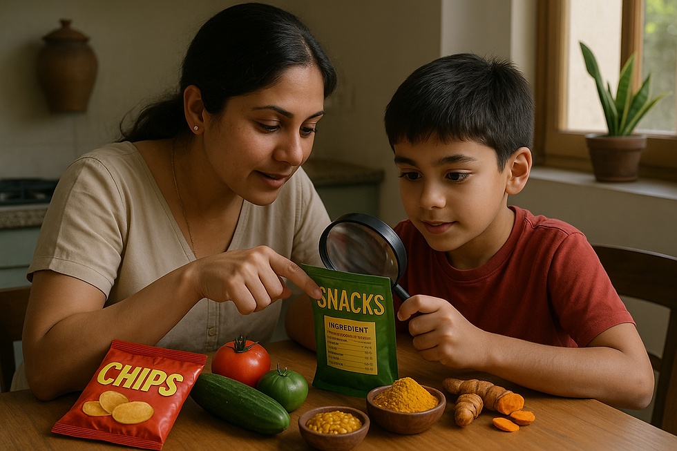 Indian mother teaching child how to read food labels for artificial flavors and preservatives using magnifying glass