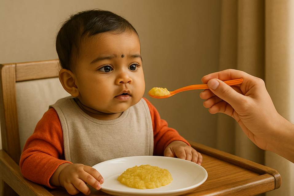 Six month old Indian baby trying first solid foods showing early infant flavor memory formation