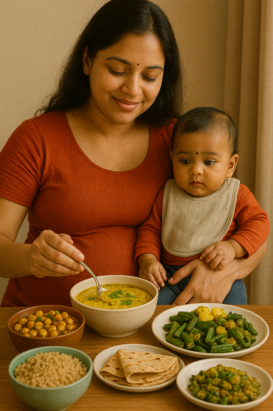 Variety of healthy Indian foods during pregnancy affecting infant flavor memory and taste preferences.