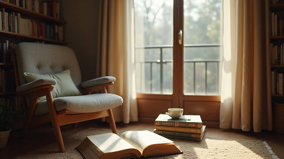 Eye-level view of a peaceful reading nook with a cozy chair and a stack of books