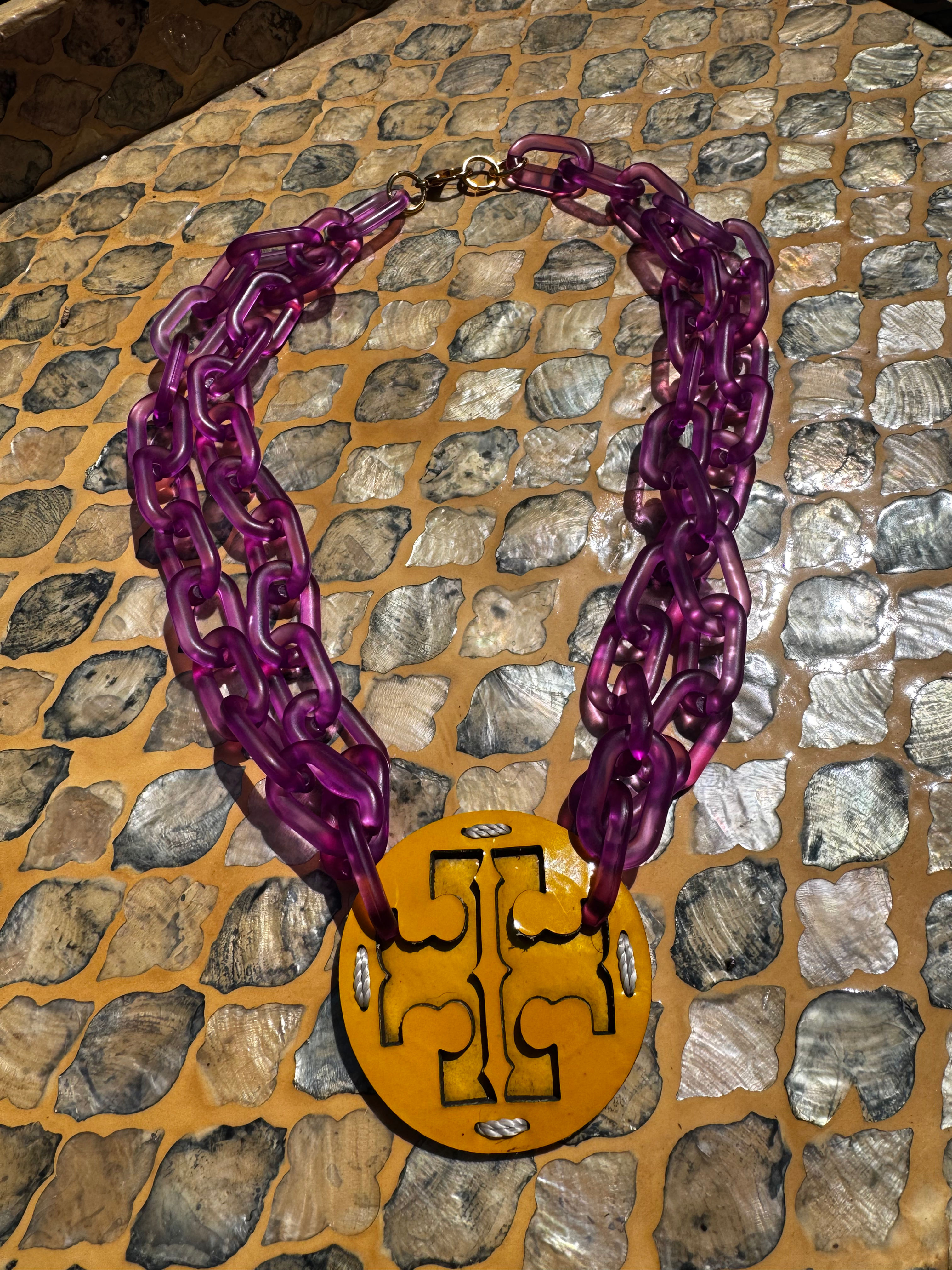 Purple bead and yellow TB hardware necklace