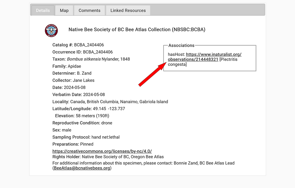 (ecdysis Full Record Details page Bombus sitkensis with arrow pointing to iNaturalist observation link)