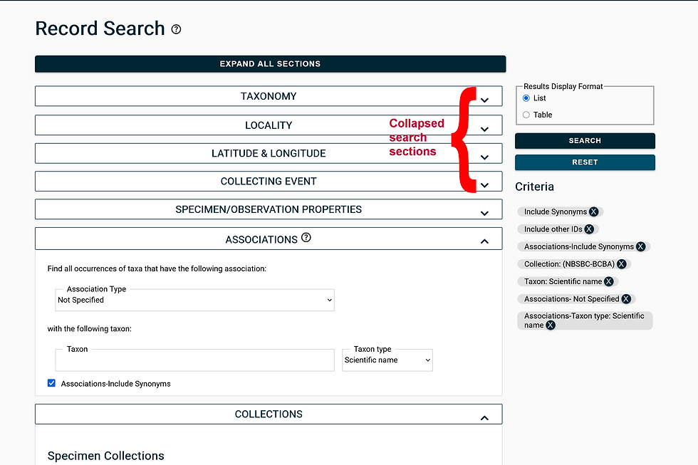 (ecdysis Record Search page showing collapsed search sections and Associations tab open)