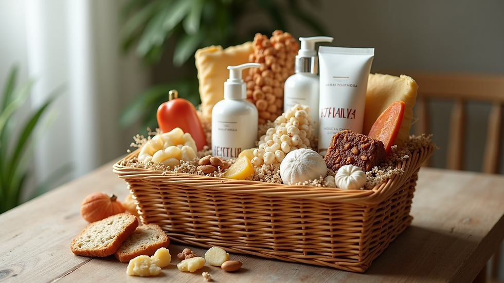 Eye-level view of a beautifully arranged gift basket filled with gourmet snacks and wellness products