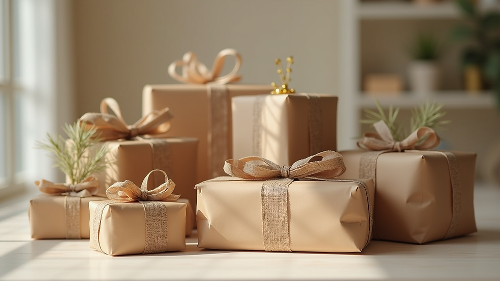 Close-up view of beautifully wrapped gifts with eco-friendly materials