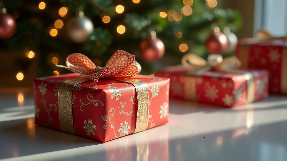 High angle view of a festive gift-wrapped package under a decorated tree