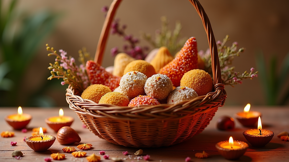 Eye-level view of a beautifully arranged Diwali gift basket filled with sweets and decorative items
