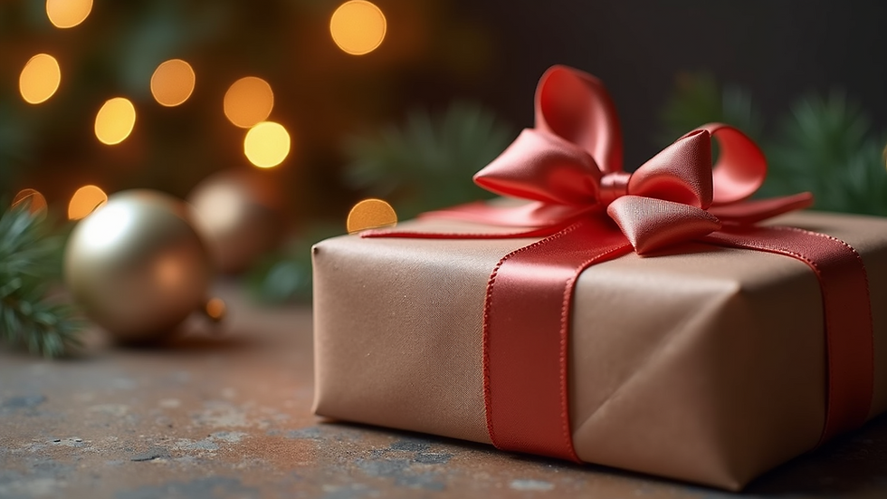 Close-up view of a beautifully wrapped gift with a natural twine bow and a personalized tag