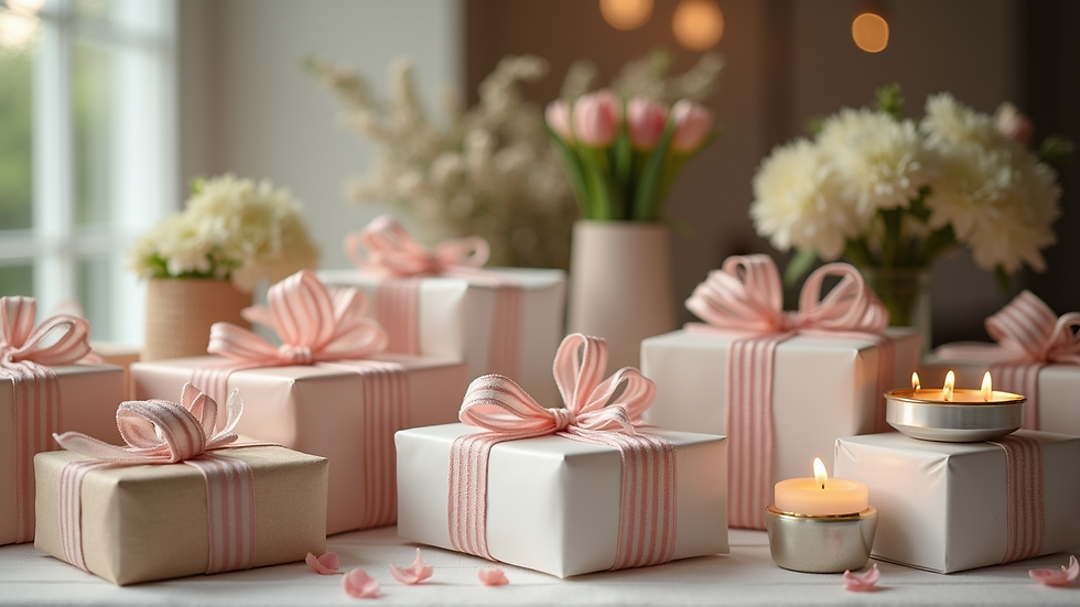 Eye-level view of a beautifully arranged personalized wedding gift display