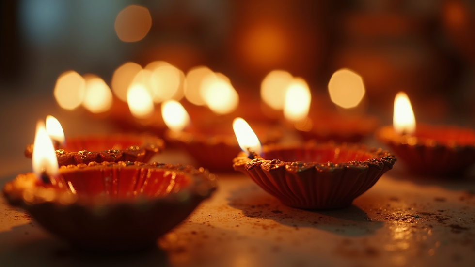 Close-up view of decorative diyas arranged for Diwali celebrations