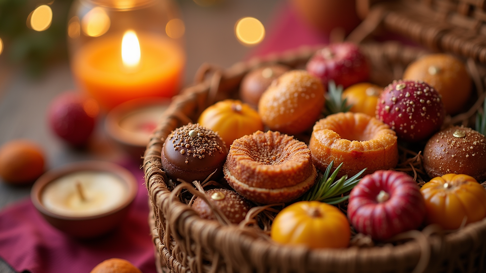 Eye-level view of a beautifully arranged gift hamper for Diwali