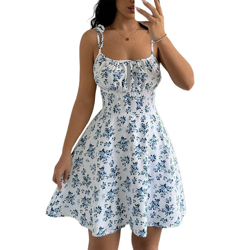 Thumbnail: Women’s Floral Tie-Strap Mini Dress – Sweet Summer A-Line Casual Holiday Sun Dre
