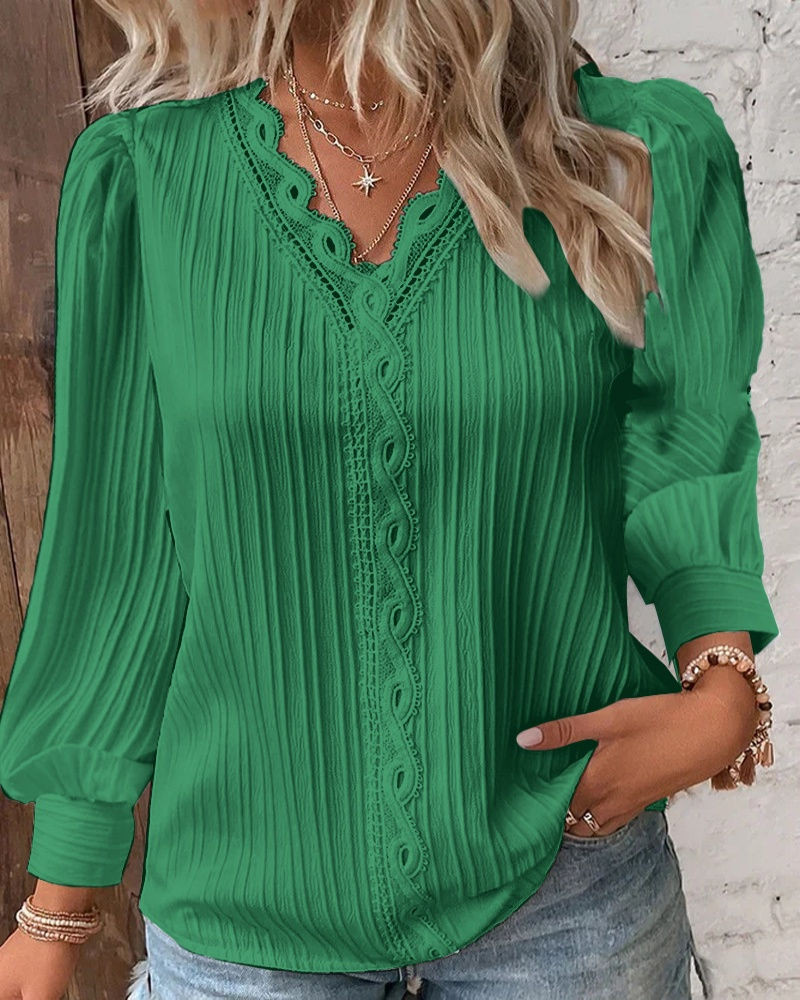 Thumbnail: Elegant Summer Hollow Lace Patchwork Women Shirt Chic Blouse V Neck Long Sleeve 