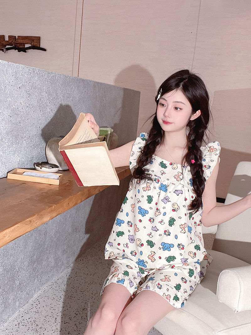 Thumbnail: Allover Cartoon Print Lounge Set Ladies Summer Cute Ruffle Sleeve Square Neck To
