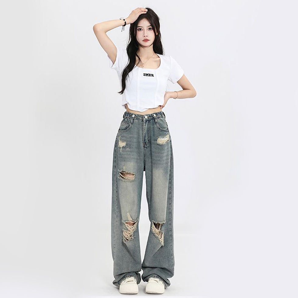 Thumbnail: Women’s Vintage Distressed Wide Leg Jeans – Oversized Y2K Denim Trend