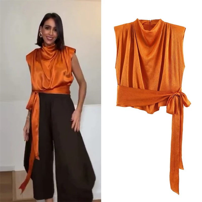 Women Spring Top Orange Sleeveless Satin Texture Draped Long Ribbon
