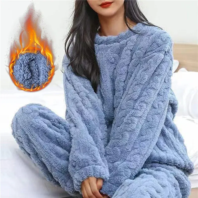 Thumbnail: Women’s Warm Coral Velvet Jacquard Pyjama Set – Cozy Winter Sleepwear