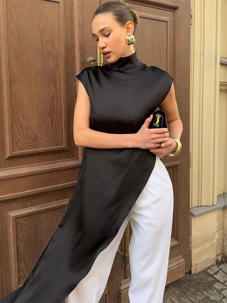 Thumbnail: Tossy Casual Sleeveless Satin Maxi Dress Female Turtleneck Patchwork Slim Fashio