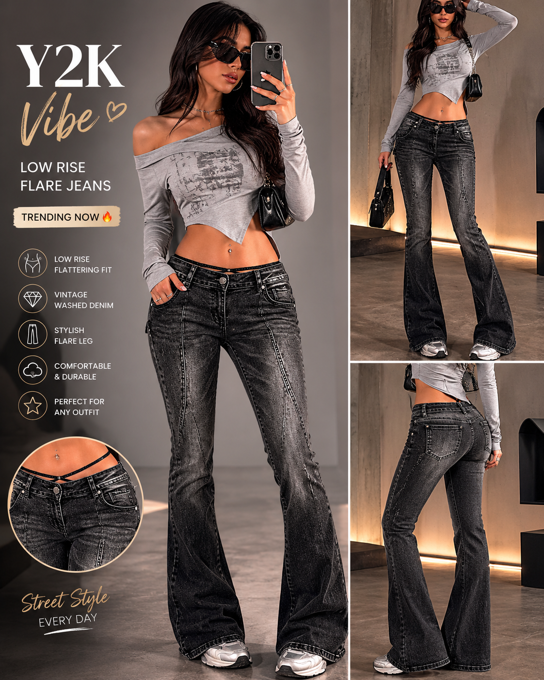 Women’s Low Rise Vintage Washed Flare Jeans – Y2K Streetwear Trend