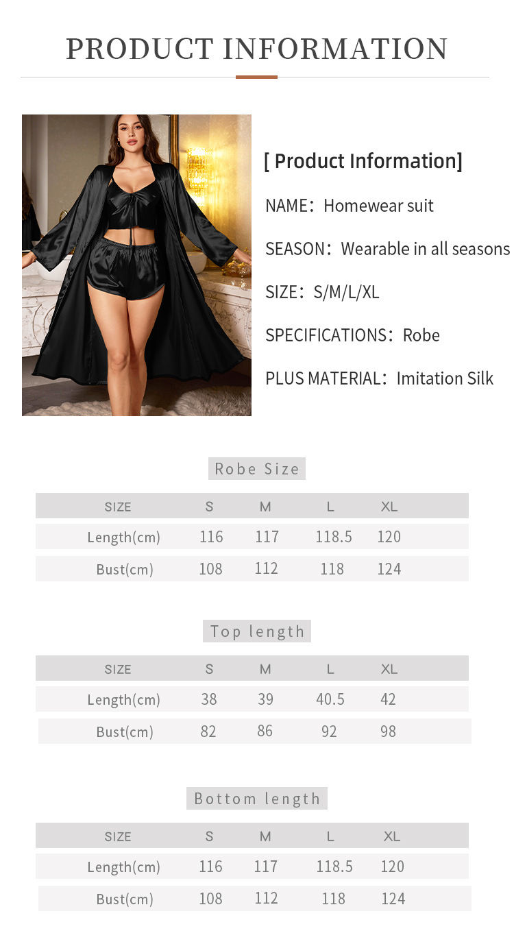 Thumbnail: Women’s 3-Piece Satin Robe, Camisole, and Shorts Set – Elegant Loungewear
