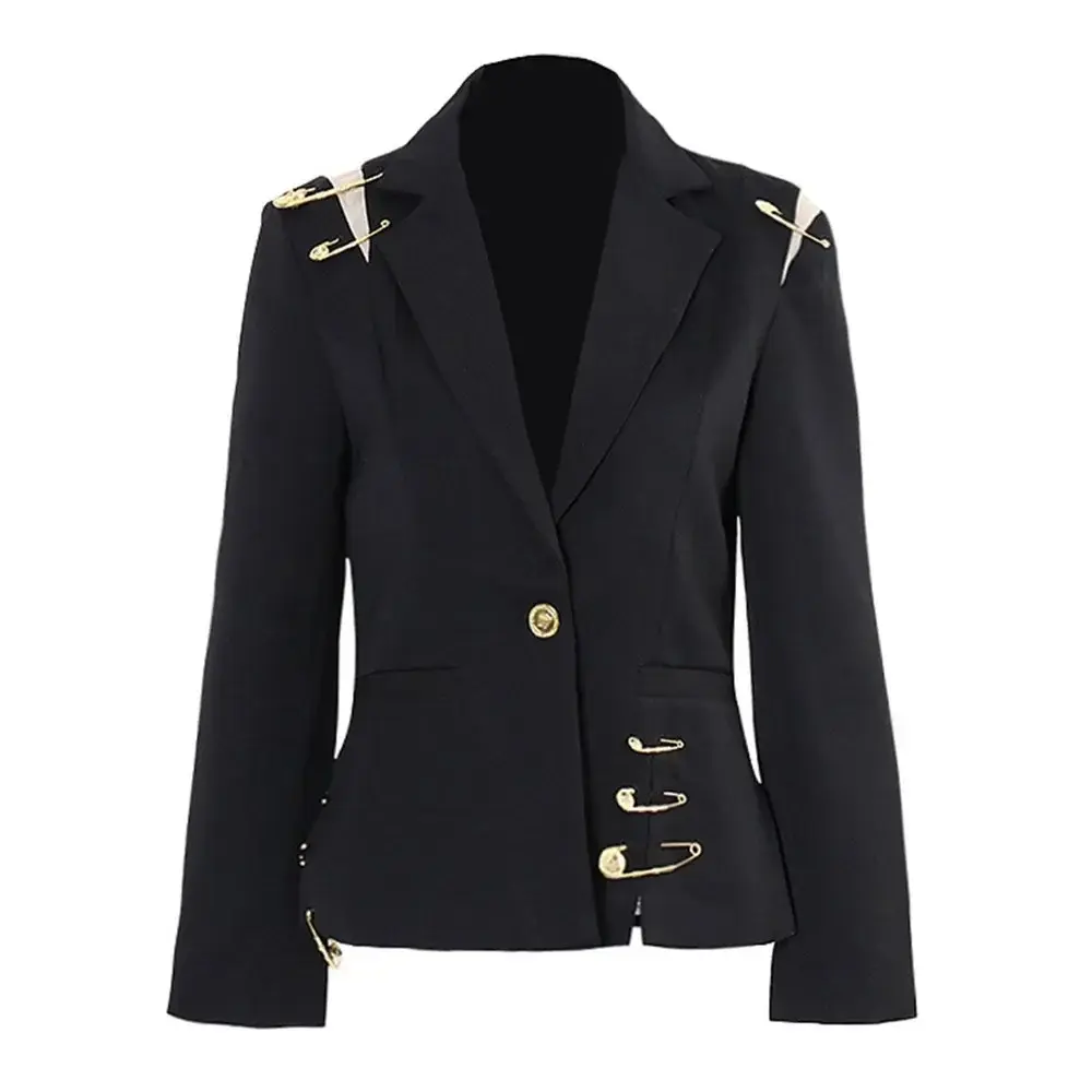 VGH Chic Spliced Metal Pin Slimming Blazer for Women Notched Collar Long Sleeve