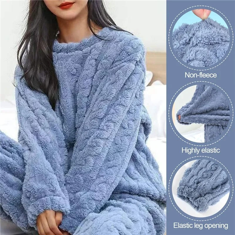 Thumbnail: Women’s Warm Coral Velvet Jacquard Pyjama Set – Cozy Winter Sleepwear