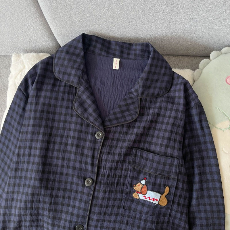 Thumbnail: Embroidery Dog Vintage Plaid 2 Piece Suit Pyjama Femme Korean Style Casual Soft 