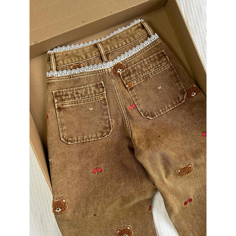 Thumbnail: Women’s Teddy Bear Embroidered Wide Leg Jeans with Lace Patchwork
