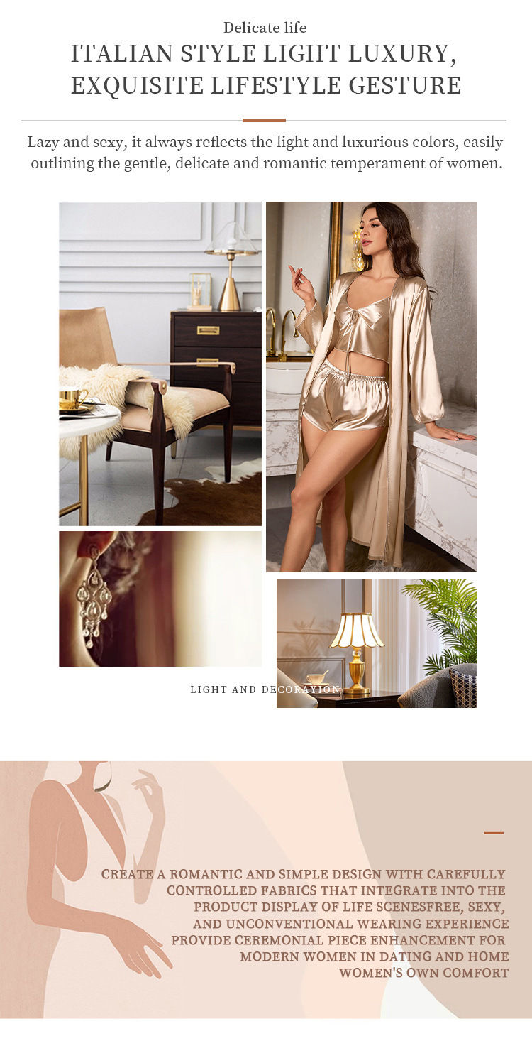 Thumbnail: Women’s 3-Piece Satin Robe, Camisole, and Shorts Set – Elegant Loungewear