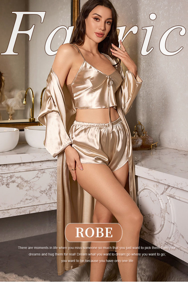 Thumbnail: Women’s 3-Piece Satin Robe, Camisole, and Shorts Set – Elegant Loungewear