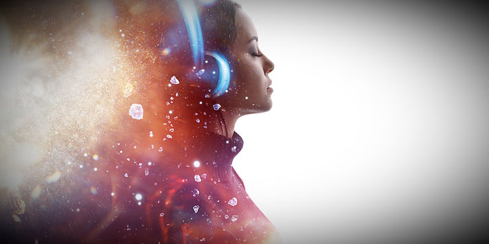 Portrait of woman in headphones listening music with closed eyes. Double exposure of femal