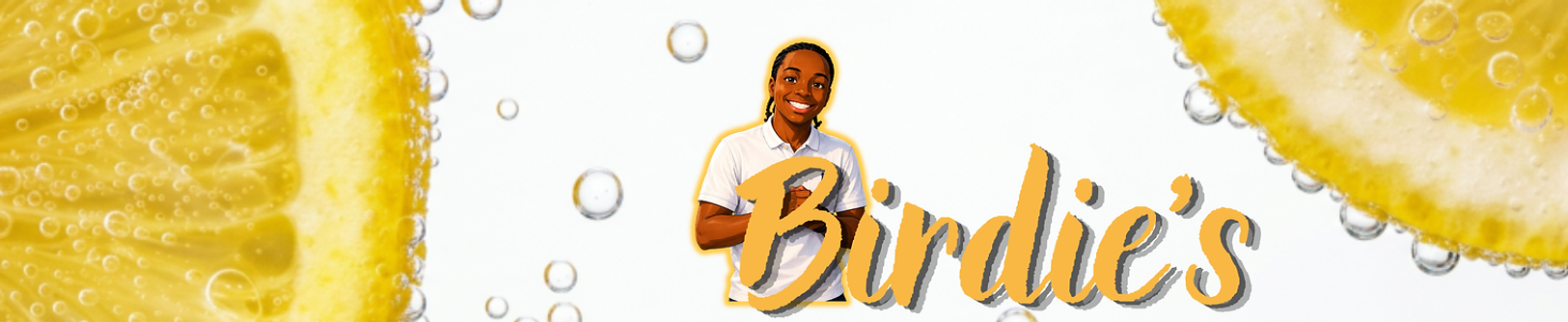 Birdie's Naturals Juice banner featuring the Birdie mascot character