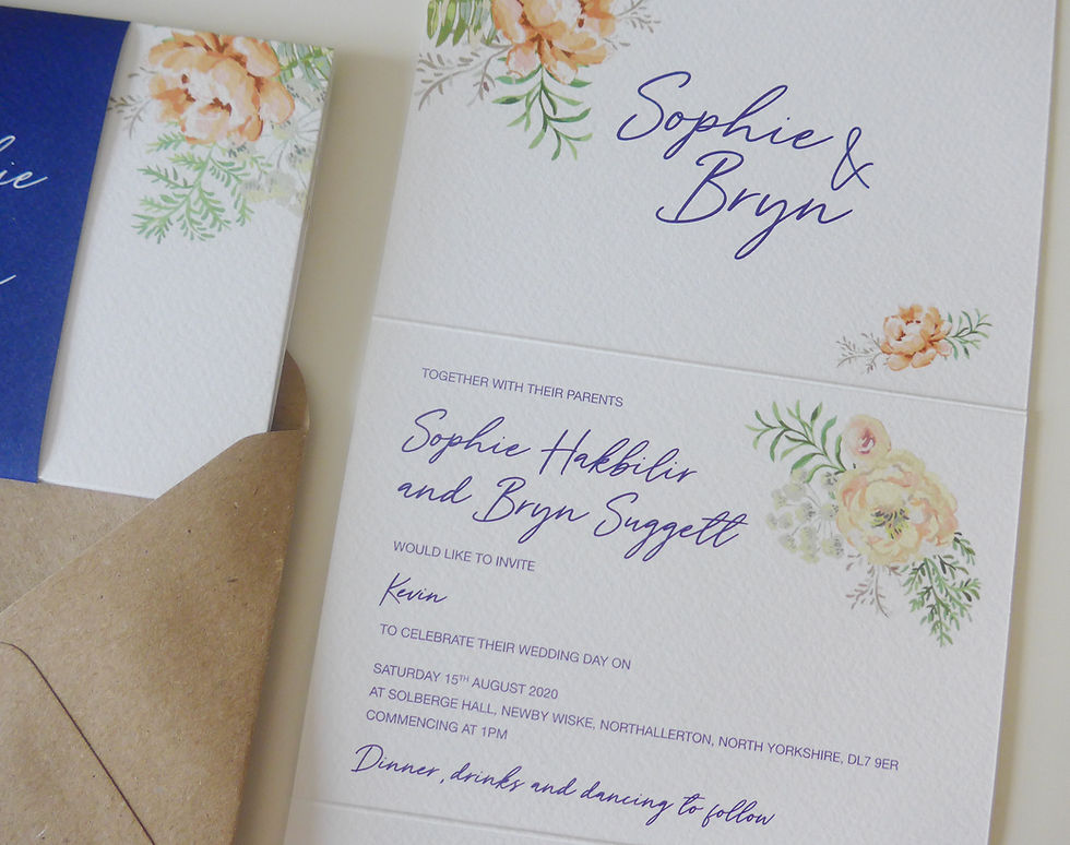 Thumbnail: Peach and blue floral concertina wedding invitation