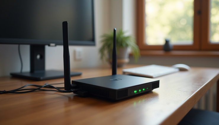Eye-level view of a modern wireless router on a wooden desk with connected cables