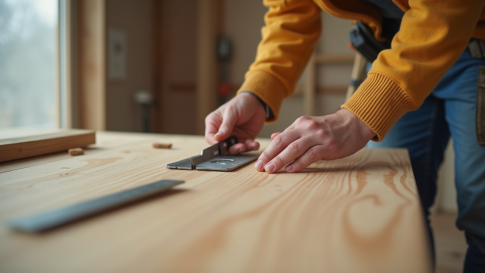 Close-up view of contractor’s hands measuring wood for home renovation