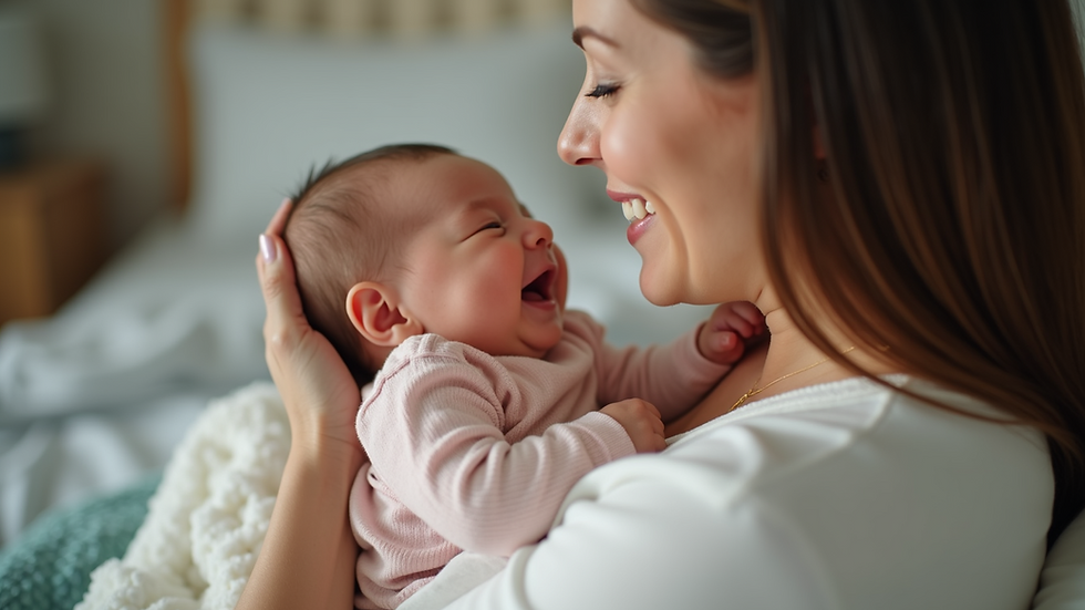 Close-up view of a new mom holding her baby while smiling