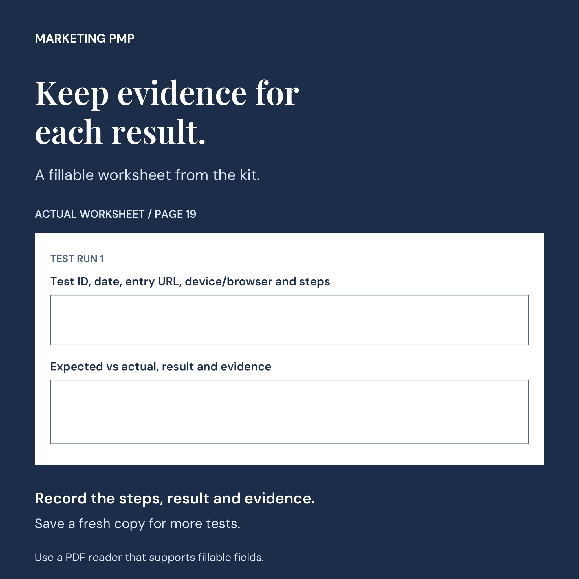 Blank test-record worksheet from page 19, with fields for test steps, expected and actual results, and evidence.