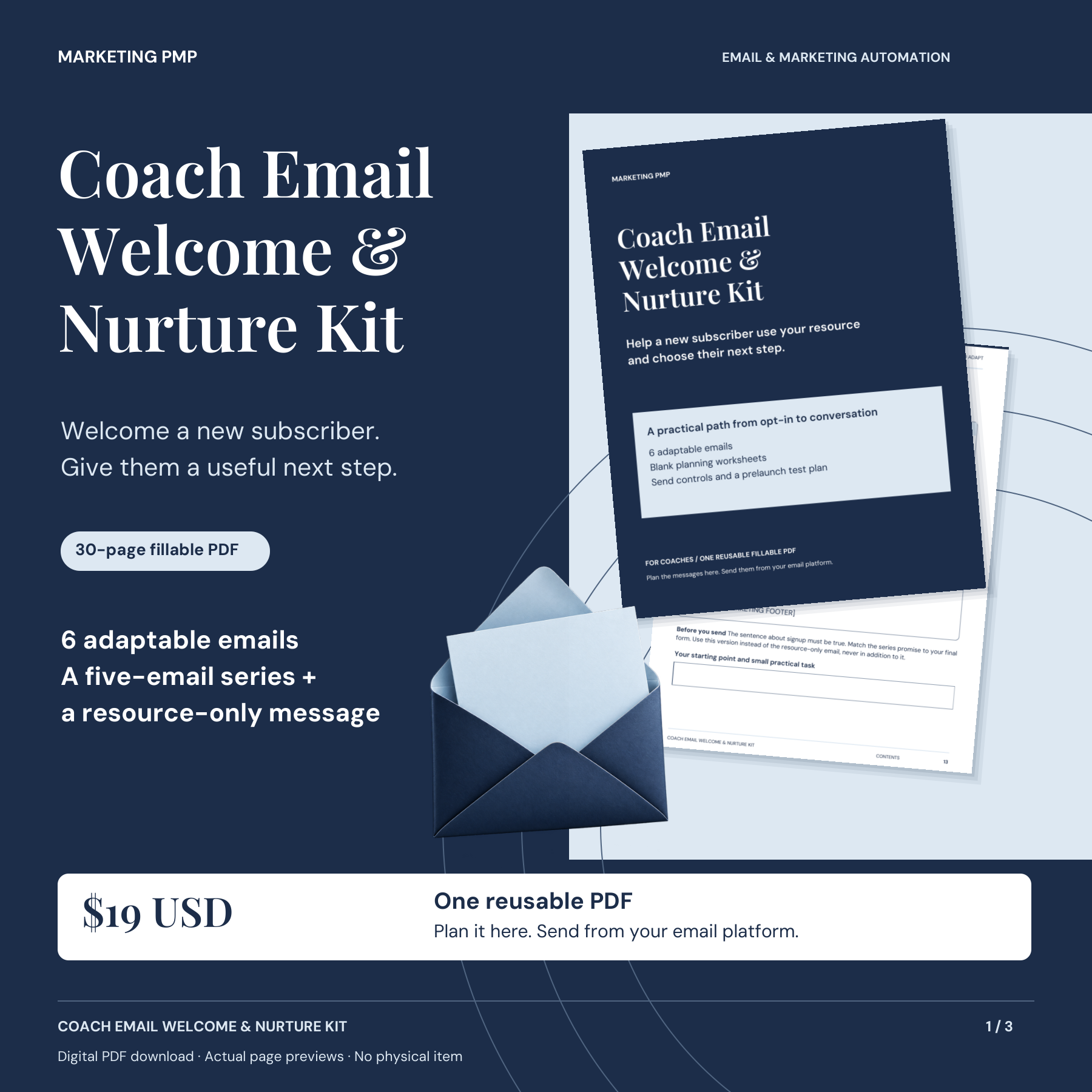 Marketing PMP Coach Email Welcome & Nurture Kit with actual cover and welcome-email previews. One 30-page fillable PDF, six email templates, $19 USD.