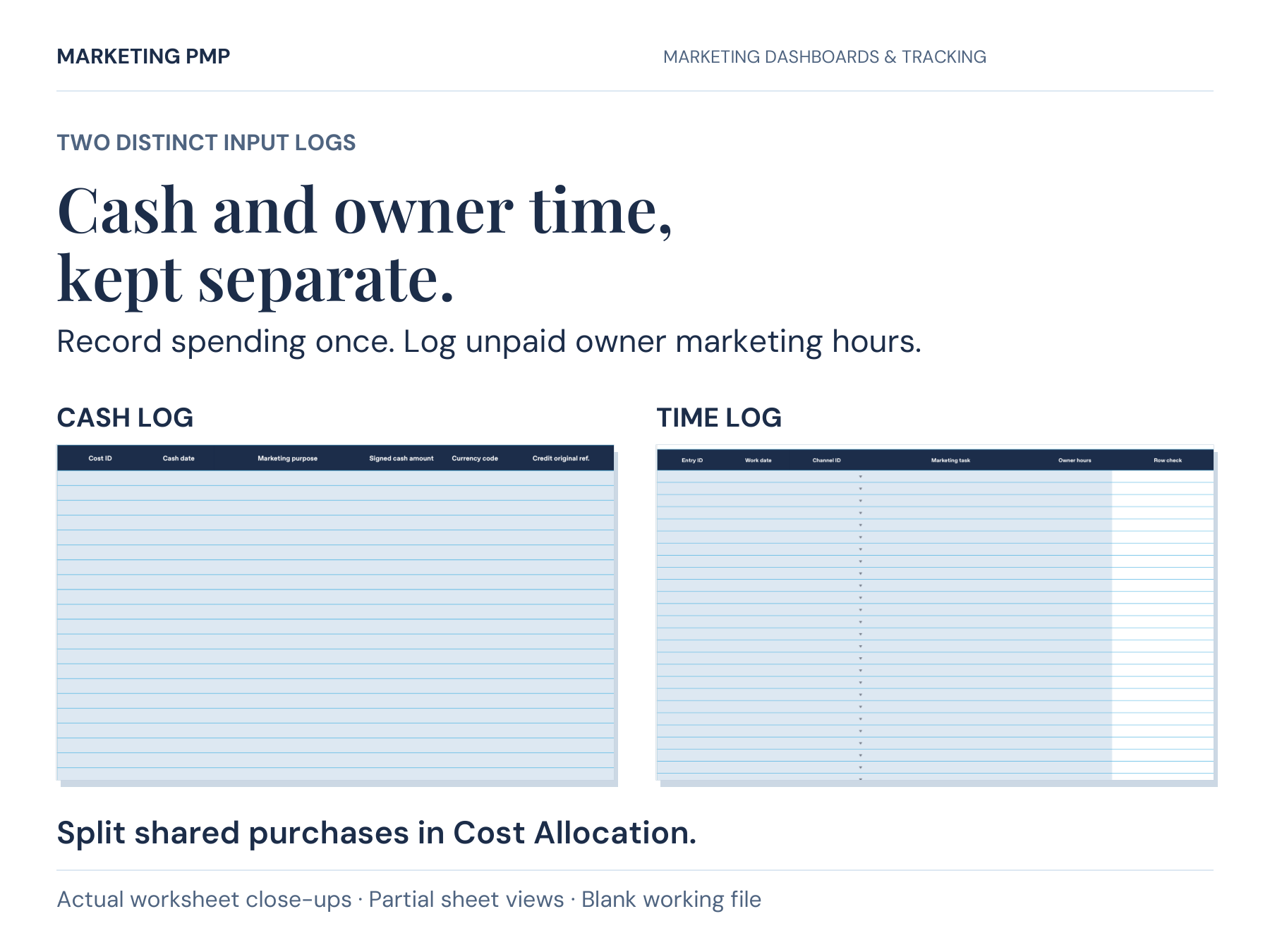 Actual blank Cash Log and Time Log partial views. Record marketing cash transactions once and unpaid owner marketing hours separately. Split shared cash costs in Cost Allocation. This is an editable XLSX workbook.