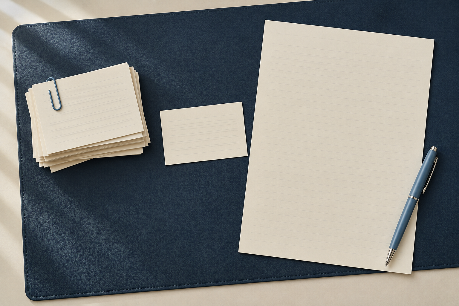 Cream source-note cards, a clean draft sheet and blue editing pen arranged on a navy desk mat.