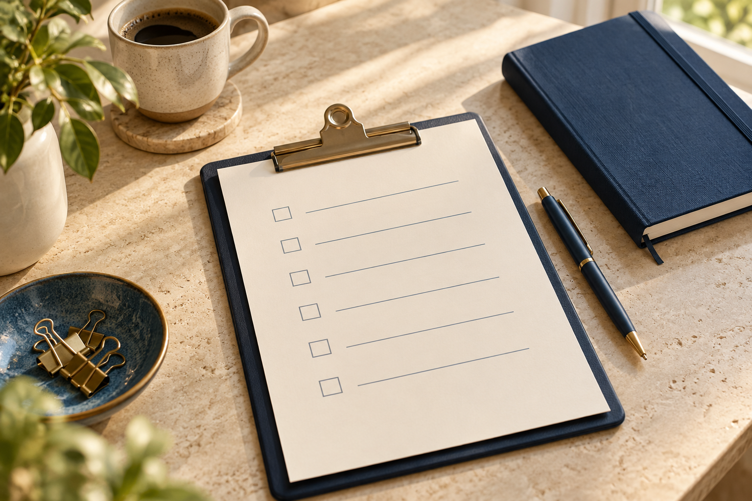 Cream questionnaire with six empty checkboxes on a clipboard beside a navy notebook and pen.