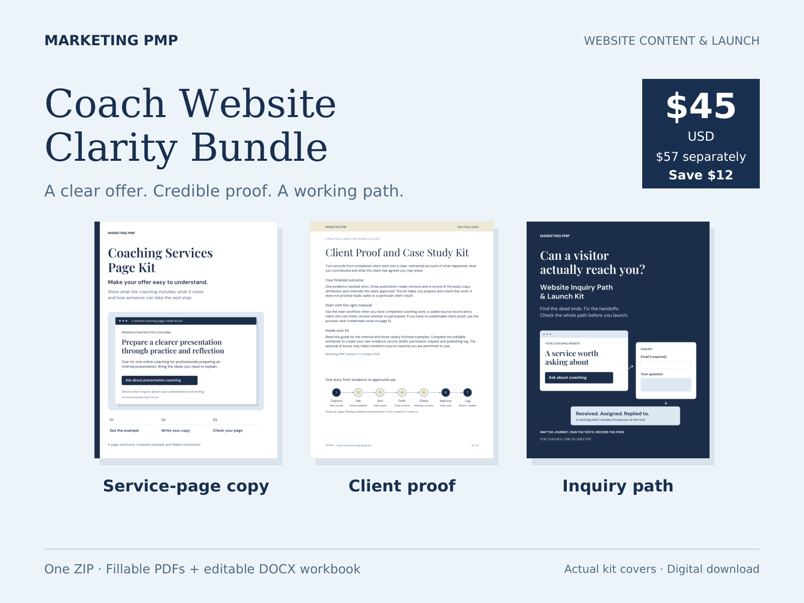 Coach Website Clarity Bundle with the actual covers of all three included kits; $45 USD, $57 separately.