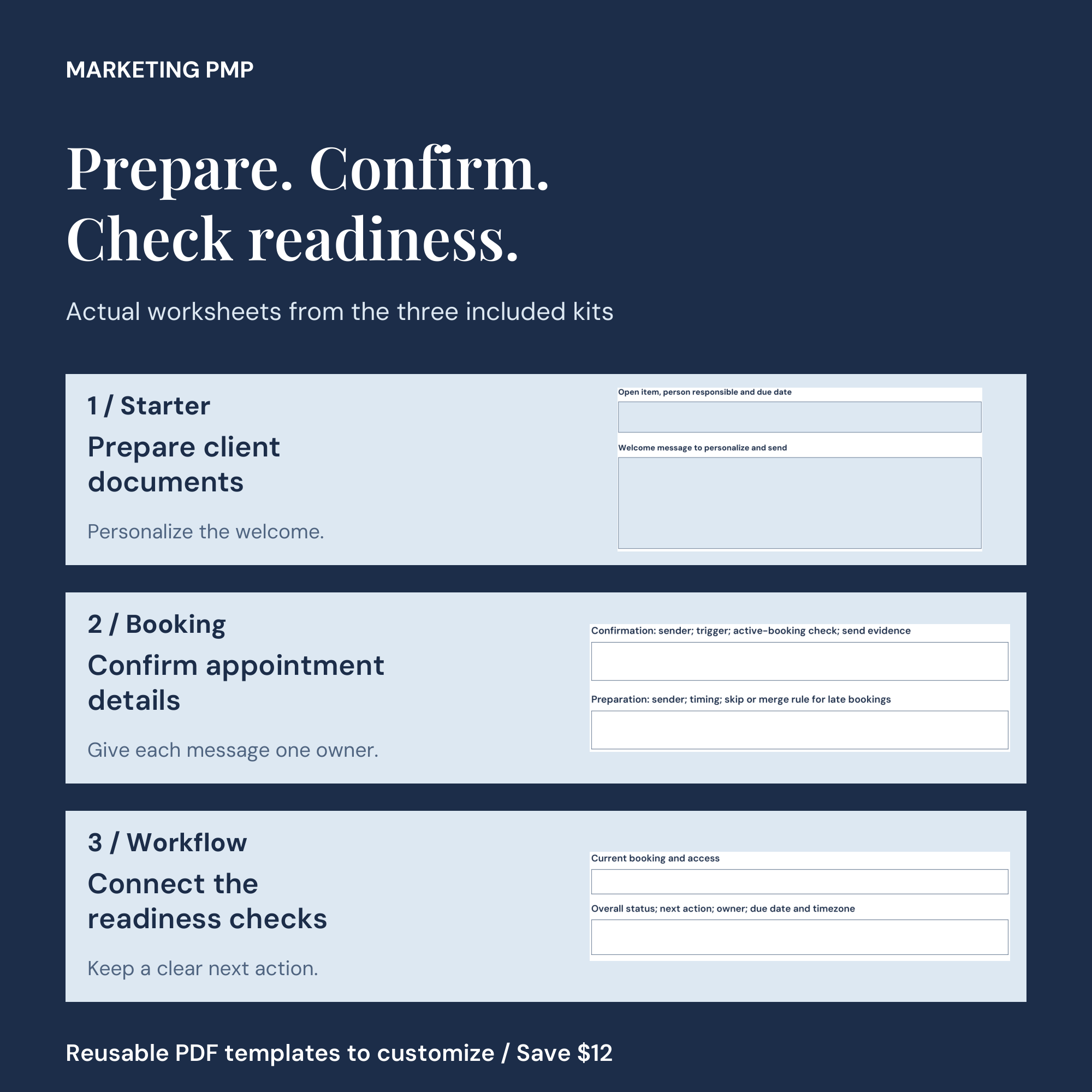 Actual worksheet details from the Starter, Booking and Workflow PDFs for preparing documents, confirming appointments and checking readiness.