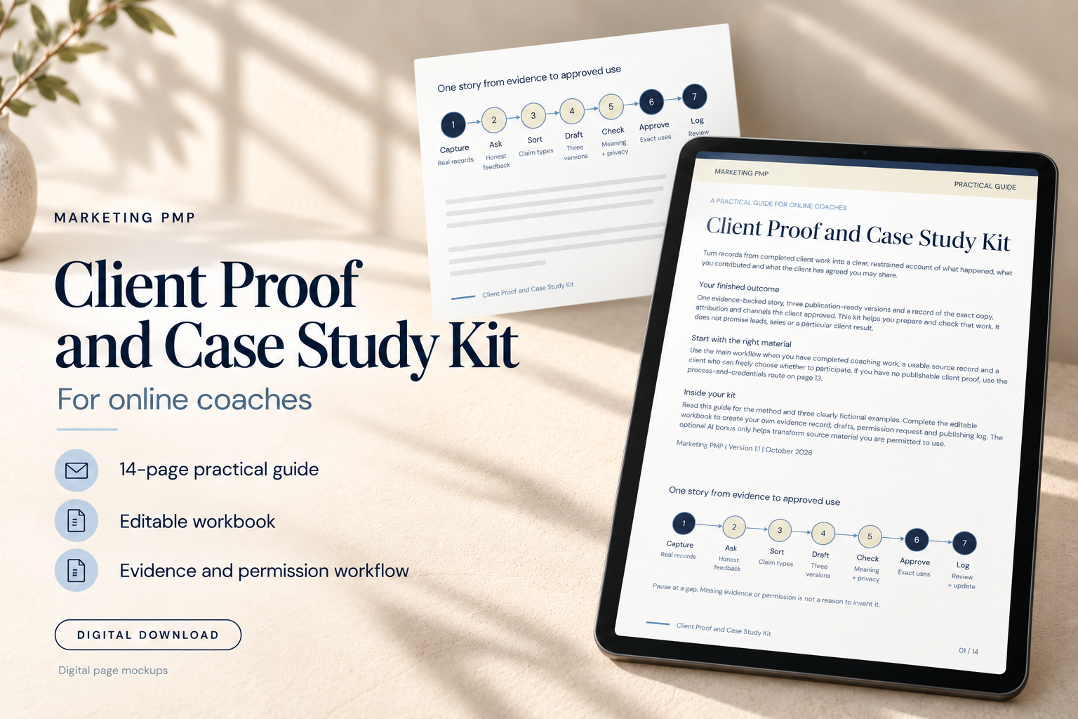 Digital mockup of the Client Proof and Case Study Kit showing its guide on a tablet and an evidence-to-approval workflow page.