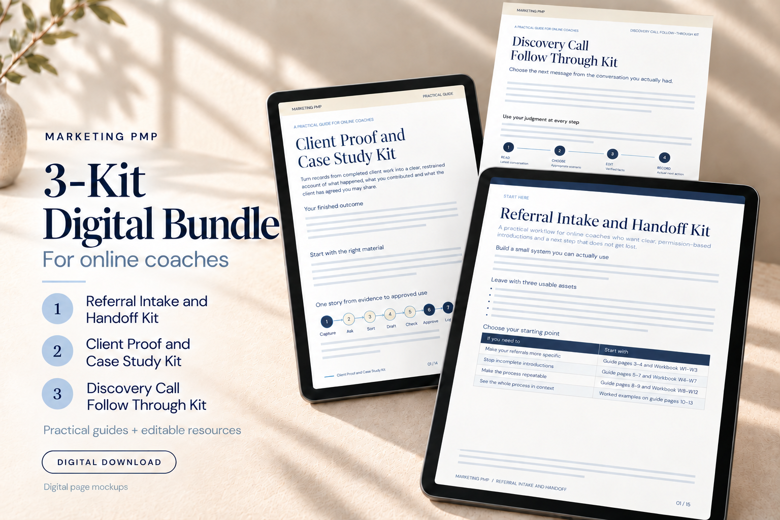 Digital mockup of the Client Trust and Follow-Through Bundle showing the Client Proof, Referral Intake and Discovery Call kit guides on tablets and an illustrated page.