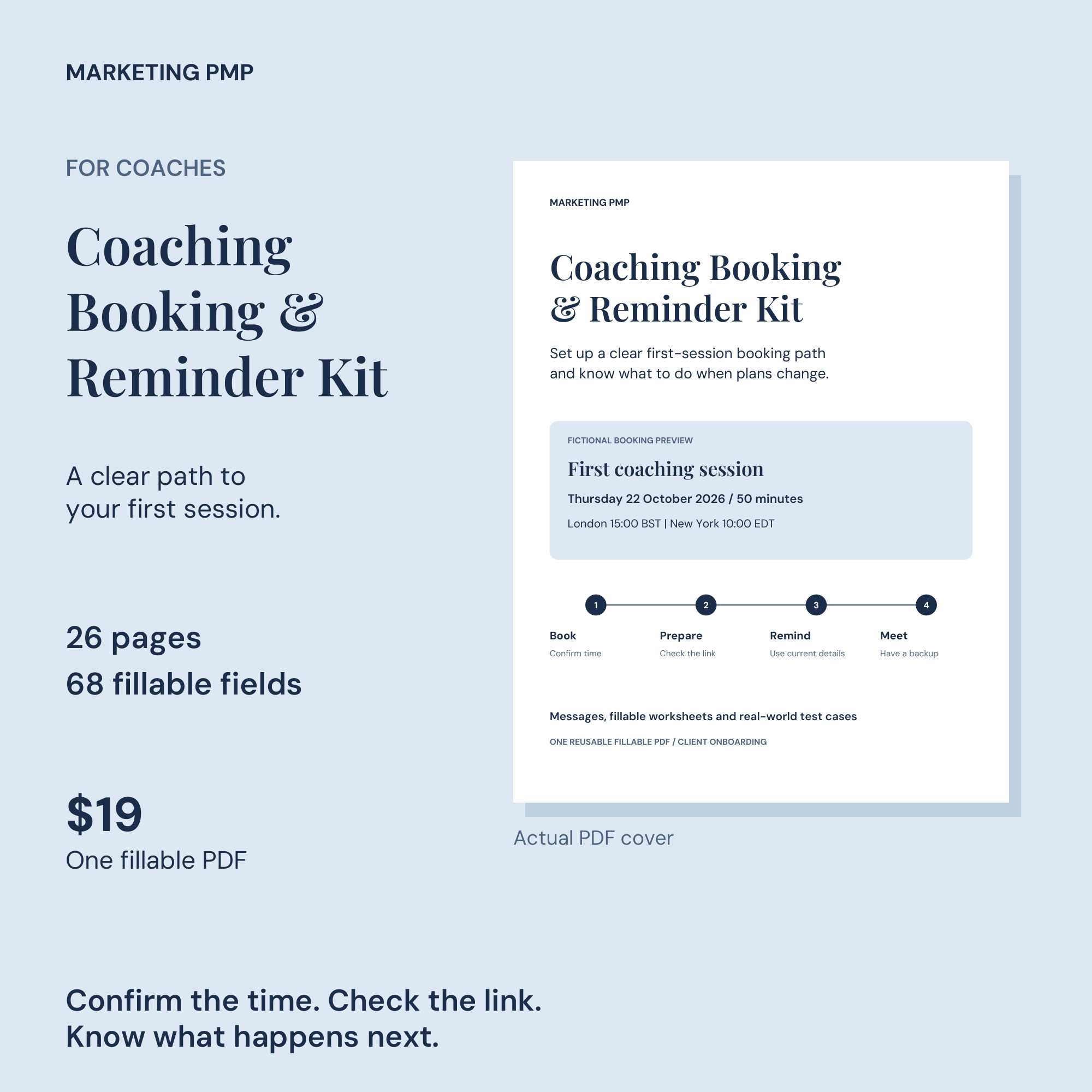 Coaching Booking & Reminder Kit with the actual PDF cover, 26 pages and 68 fillable fields, priced at $19.
